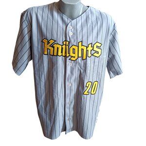 Large Vintage Y2K Knights Baseball Jersey Pinstripe Gray Yellow Sewn Letters